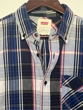 Levi's Plaid Button Down Shirt Top Long Sleeve Blue White Black Red Mens S Small